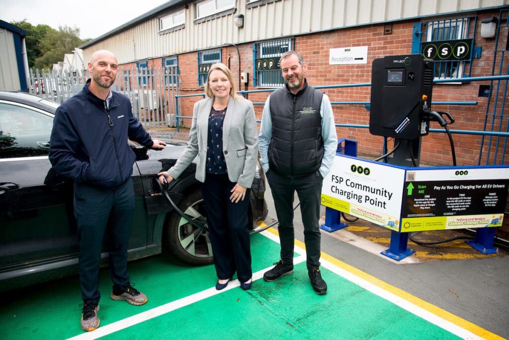 Councillor Carolyn Healy joins FSPs managing director Wayne Carter left and chairman Richard Hilton for the official unveiling of the new EV charging points available for the local community