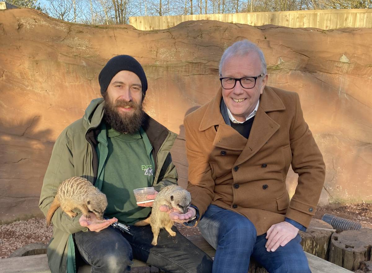 Eddie Allen of Good2Great with zoo keeper Jack King and some meerkats