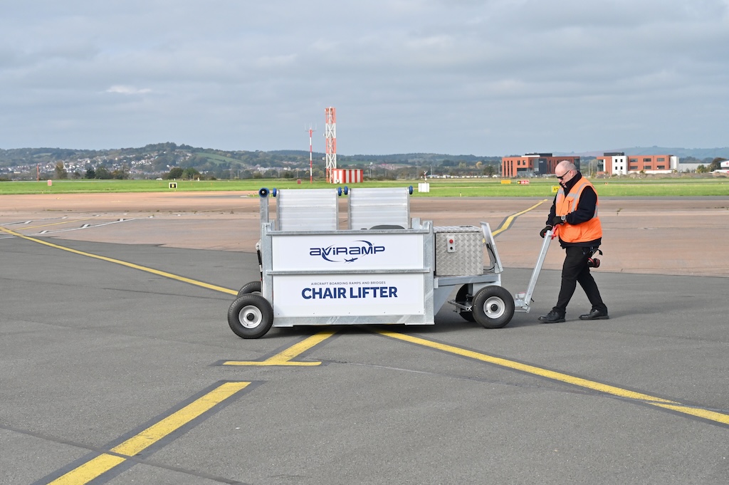 The new Aviramp ChairLifter can be easily moved by hand or towed by a baggage cart offering a portable solution for lifting electric mobility aids onto aircraft