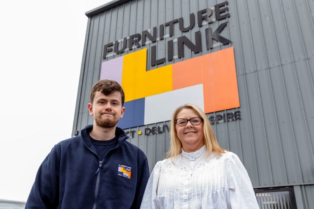 Julie Reynolds General Manager at Furniture Link with Alex Cochraine outside the Hortonwood base (1)