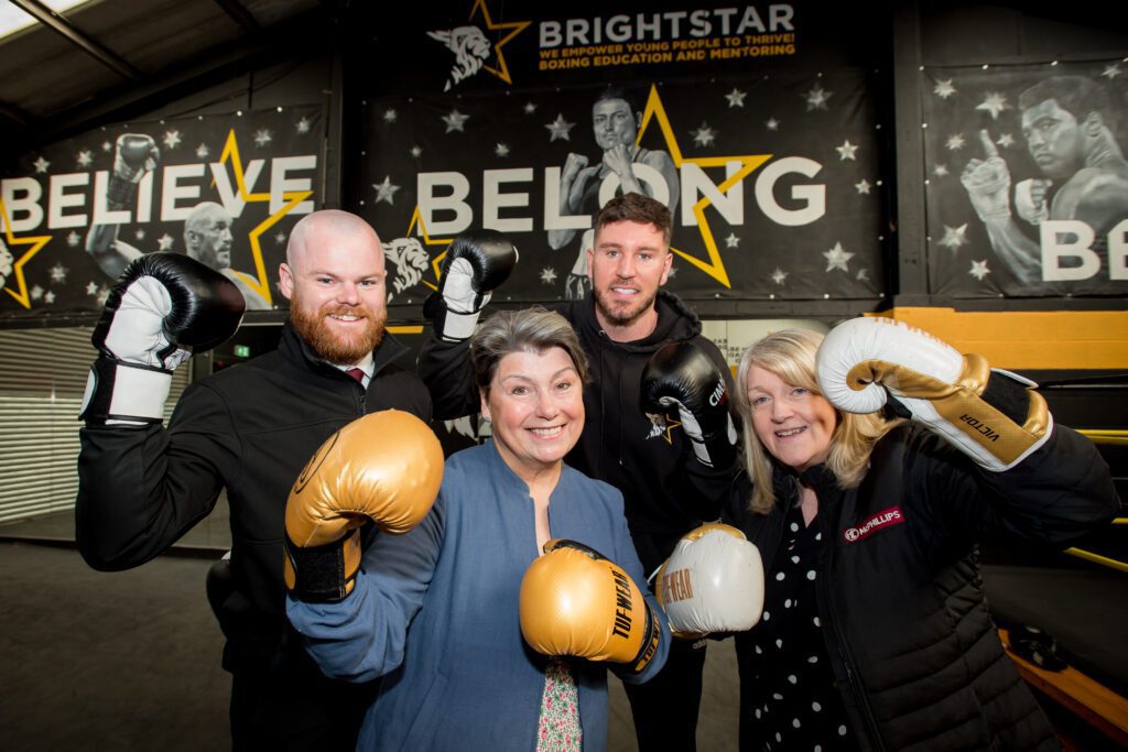 (L R) Jack Clements (McPhillips) Sonia Roberts (trustee at Shropshire Community Foundation) Joe Lockley (Brightstar Boxing) and Val Hardy (McPhillips)